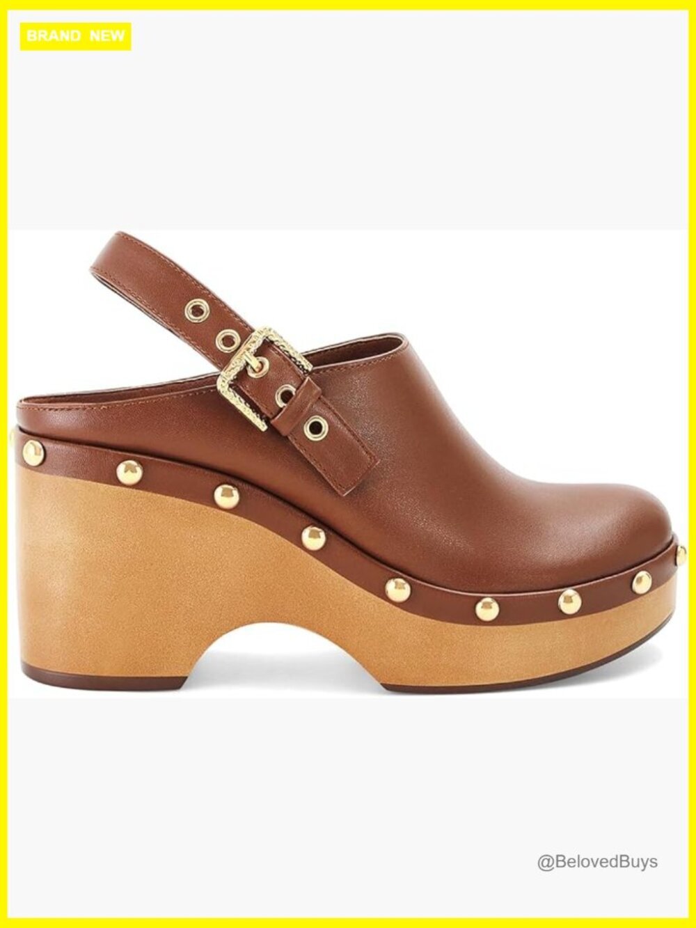 Brown Platform Mules with Metal Studs - Faux Leather, Pull-On, 3.7in Heel